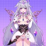 1girl adapted_costume breasts cameltoe circlet colored_inner_hair dress grey_hair highres hololive hololive_english jewel_under_eye koseki_bijou long_hair looking_at_viewer multicolored_hair open_mouth petite purple_eyes small_breasts smile solo swimsuit virtual_youtuber waterring white_dress 