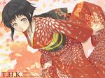  alternate_costume black_hair breasts d: dated dutch_angle floral_background floral_print grey_eyes hyuuga_hinata j.2 japanese_clothes kimono long_sleeves looking_at_viewer naruto naruto_(series) new_year obi open_mouth orange_background print_kimono red_kimono sash short_hair simple_background small_breasts solo watermark web_address wide_sleeves 
