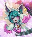  1girl ;d animal_ear_fluff animal_ears blush fang green_hair hood hood_up hoodie league_of_legends looking_at_viewer one_eye_closed pants phantom_ix_row pink_eyes pink_pants sandals short_hair sleeves_past_wrists slit_pupils smile solo_focus sparkle star_(symbol) vex_(league_of_legends) vex_shadow_(league_of_legends) white_hoodie 