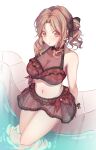  1girl arm_support bare_shoulders bikini black_ribbon blush bow breasts brown_eyes brown_hair cleavage collarbone from_above hair_bow hair_bun hair_ribbon highres ichikawa_hinana idolmaster idolmaster_shiny_colors lace-trimmed_bikini lace_trim large_breasts layered_bikini long_hair looking_at_viewer natsu_(jar1010) open_mouth parted_bangs red_bikini ribbon see-through_swimsuit single_hair_bun single_side_bun sitting solo swimsuit v-shaped_eyebrows wading water white_background 