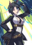  1girl absurdres ahoge animal_ears arm_up belt black_gloves black_hair black_jacket black_necktie black_pants blue_eyes breasts brown_belt center_opening cleavage commentary_request contrapposto cowboy_shot ear_ornament earrings fuji_kiseki_(umamusume) gloves hair_between_eyes hand_on_own_hip highres horse_ears horse_girl jacket jewelry large_breasts marbow_tomato multicolored_background multicolored_hair necktie one-hour_drawing_challenge one_eye_closed pants single_earring solo streaked_hair umamusume white_hair 