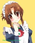  blush brown_eyes brown_hair chany clenched_hand folded_ponytail hand_on_own_chin hayate_no_gotoku! juliet_sleeves long_sleeves lowres maid maid_headdress maria_(hayate_no_gotoku!) puffy_sleeves sidelocks simple_background smile solo upper_body watermark yellow_background 