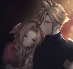  1boy 1girl aerith_gainsborough armor artist_name blonde_hair blue_eyes blue_shirt braid braided_ponytail brown_hair choker closed_mouth cloud_strife couple dated dress earrings final_fantasy final_fantasy_vii final_fantasy_vii_rebirth flower_choker green_eyes hair_between_eyes hair_ribbon half-closed_eyes hetero holding_another&#039;s_arm jacket jewelry krudears long_hair parted_bangs pink_dress pink_ribbon red_jacket ribbon shirt short_hair short_sleeves shoulder_armor sidelocks single_braid single_earring single_shoulder_pad sleeveless sleeveless_turtleneck spiked_hair suspenders turtleneck upper_body wavy_hair 