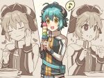  +_+ 1girl :d :i :o antenna_hair blue_hair blush chihiro_(chihiro3399) closed_eyes commentary_request eating eiyuu_densetsu food food_on_face hand_on_own_cheek hand_on_own_face happy heart holding holding_food holding_ice_cream holding_spoon ice_cream long_sleeves looking_at_food millium_orion multiple_views musical_note open_mouth sen_no_kiseki sepia short_hair smile spoken_musical_note spoon upper_body yellow_eyes 