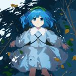  1girl blue_eyes blue_hair blue_shirt blue_skirt collared_shirt commentary_request flat_chest green_headwear hat jewelry kaigen_1025 kawashiro_nitori key key_necklace leaf long_sleeves lying necklace on_back parted_lips pocket shirt short_twintails skirt touhou twig twintails water 