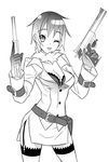  ;p automag belt bra breasts cleavage copyright_request dual_wielding greyscale gun handgun holding jacket large_breasts lingerie monochrome one_eye_closed open_clothes open_shirt pistol shirt solo suspenders tensugi_takashi thighhighs tongue tongue_out underwear weapon 