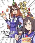  3girls ^^^ air_groove_(umamusume) animal_ears bandaid bandaid_on_face bandaid_on_nose black_hair border bow brown_hair cake commentary_request cowboy_shot dress ear_ornament emphasis_lines food hat highres horse_ears horse_girl ido_(teketeke) long_hair long_sleeves multicolored_hair multiple_girls narita_brian_(umamusume) one_eye_closed party_hat pleated_dress purple_eyes purple_sailor_collar purple_shirt purple_skirt sailor_collar sailor_shirt school_uniform serafuku shirt short_hair skirt smile strawberry_shortcake streaked_hair symboli_rudolf_(umamusume) translated umamusume upper_body white_border white_bow winter_uniform 