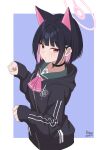  1girl animal_ears black_choker black_hair blue_archive blue_sailor_collar blush cat_ears choker closed_mouth colored_inner_hair expressionless hands_up highres hood hooded_jacket jacket kazusa_(blue_archive) kiryo_(fcu4an) long_sleeves looking_at_viewer multicolored_hair neckerchief pink_hair pink_neckerchief red_eyes sailor_collar short_hair simple_background solo two-tone_hair 