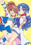  2girls arle_nadja arm_up armor blue_cape blue_eyes blue_hair blue_skirt blush bracelet bracer breastplate breasts brown_hair cape cleavage dress earrings eyelashes gold_earrings hand_fan highres holding holding_fan jewelry long_hair multiple_girls no_nose open_mouth puyopuyo rulue_(puyopuyo) skirt white_dress white_wristband yellow_background yomoi 