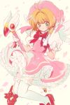  1girl akiyama_enma antenna_hair beret blush bow brown_hair cardcaptor_sakura cherry_blossoms closed_mouth clow_card commentary_request dress falling_petals frilled_thighhighs frills full_body fuuin_no_tsue gloves green_eyes hat holding holding_wand kinomoto_sakura looking_at_viewer magical_girl petals petticoat pink_dress pink_headwear puffy_short_sleeves puffy_sleeves red_bow red_footwear shoes short_hair short_sleeves smile solo thighhighs wand white_gloves white_thighhighs white_wings wings 