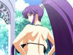  1girl animated animated_gif ass big_hair bikini bouncing_breasts breasts character_request covered_nipples crossdressing day eiken huge_breasts lowres misono_kirika ponytail purple_hair swimsuit thong_bikini unaligned_breasts 