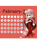  bow calendar_(medium) chocolate chocolate_heart february hat heart red_background red_bow red_eyes remilia_scarlet short_sleeves silver_hair solo takishima_asaka touhou valentine wings 