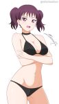  1girl absurdres alterrealzero bikini black_bikini black_choker blush breasts choker crossed_arms highres kazuno_leah long_hair looking_at_viewer love_live! love_live!_sunshine!! medium_breasts open_mouth purple_eyes purple_hair simple_background solo swimsuit twintails white_background 