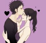  1boy 1girl black_hair black_shirt breasts cleavage closed_eyes commentary_request couple dress earrings facial_hair goatee heart hetero hug jewelry kiss kissing_forehead large_breasts long_hair long_sleeves nico_robin nsgw one_piece ponytail purple_background shirt short_hair smile spaghetti_strap teeth trafalgar_law 