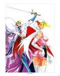  1girl 2boys ass belt breasts cape gatchaman gloves highres jun_the_swan ken_the_eagle multiple_boys muscular oobari_masami superhero sword weapon 