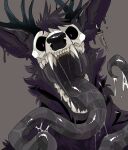 absurd_res ambiguous_gender anthro antlers black_nose blue_antlers bodily_fluids bone bust_portrait cheek_tuft drooling ear_piercing ear_ring facial_tuft fangs front_view fur grey_body grey_fur grey_hair hair hi_res horn imperatorcaesar long_tongue looking_at_viewer mouth_shot open_mouth piercing portrait ring_piercing saliva saliva_on_tongue saliva_string simple_background skull skull_head solo striped_tongue teeth tongue tuft