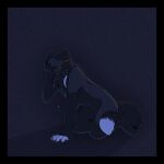 2020 ambiguous_gender anthro black_border black_claws black_nose bodily_fluids border canid canine cel_shading cheek_tuft claws crying digital_drawing_(artwork) digital_media_(artwork) digitigrade dipstick_tail ears_back eyes_closed facial_tuft finger_claws fox full-length_portrait grey_background grey_fox hand_on_head hi_res kneeling maligaytor mammal markings nude paws pivoted_ears portrait red_fox ribs sad shaded silver_fox simple_background skinny snout solo tail tail_markings tears teeth tuft urocyon white_claws