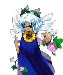 1girl blue_dress cirno closed_mouth collared_shirt commentary_request dress flat_chest flower green_ribbon grey_hair hair_ribbon hand_on_own_hip hand_up highres ice ice_wings kaigen_1025 medium_hair morning_glory neck_ribbon phantasmagoria_of_flower_view pinafore_dress pink_flower puffy_short_sleeves puffy_sleeves red_ribbon ribbon shirt short_sleeves simple_background sleeveless sleeveless_dress sunflower sunglasses tan tanned_cirno touhou white_background white_shirt wings 