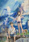  1boy 1girl absurdres amano_hina_(tenki_no_ko) armpits artist_name blue_eyes blue_hair blue_shorts brown_eyes cityscape closed_mouth cloud cloudy_sky collarbone colored_pencil_(medium) commentary_request dated day denim derivative_work english_commentary floating_hair full_body hand_in_pocket highres hood hood_down hoodie korean_commentary long_hair low_twintails lower_teeth_only making-of_available mixed-language_commentary morishima_hodaka_(tenki_no_ko) open_mouth outdoors p.art rain real_world_location shinjuku_(tokyo) short_sleeves shorts shrine sitting sky sleeveless sleeveless_hoodie standing sunlight teeth tenki_no_ko tokyo_(city) torii traditional_media twintails white_hoodie white_shrit yoyogi 