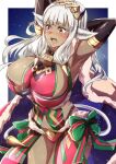  1girl absurdres alternate_costume animal_ears ash_(fire_emblem) bare_shoulders black_horns blush breasts brown_eyes cape cosplay cow_ears cow_girl cow_horns cow_tail dark-skinned_female dark_skin ear_piercing fire_emblem fire_emblem_heroes fur-trimmed_panties fur_cape fur_trim highres holding horns huge_breasts large_breasts long_hair open_mouth panties piercing solo tail tharja_(fire_emblem) tharja_(fire_emblem)_(cosplay) tharja_(winter)_(fire_emblem) to_(tototo_tk) torn_clothes underwear white_hair 