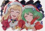  2girls \m/ absurdres bell blonde_hair blunt_bangs blush braid choker christmas closed_eyes commentary_request earrings fur-trimmed_gloves fur-trimmed_headwear fur_trim gloves hands_up hat heart highres holding_hands interlocked_fingers jewelry kabu_(kaopako_) light_blush long_hair macross macross_frontier medium_hair merry_christmas multiple_girls neck_bell open_mouth parted_lips pom_pom_(clothes) portrait ranka_lee red_gloves red_headwear santa_costume santa_hat sheryl_nome signature single_earring smile snowflake_hat_ornament upper_body 