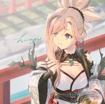  1girl bare_shoulders blue_eyes breasts chopsticks cleavage detached_sleeves earrings eating fate/samurai_remnant fate_(series) food grey_hair holding holding_chopsticks japanese_clothes jewelry kibou kimono magatama magatama_necklace medium_breasts miyamoto_musashi_(fate) necklace obi official_alternate_costume ponytail sash signature solo white_kimono 