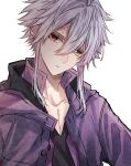  1boy aiaiharuharu black_hoodie closed_mouth expressionless grey_background grey_hair heterochromia highres hood hood_down hoodie jacket long_sleeves male_focus orlok_(piofiore_no_bansho) piofiore_no_bansho purple_jacket red_eyes short_hair_with_long_locks solo yellow_eyes 