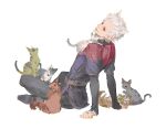  1boy animal_ears animal_on_lap animal_on_shoulder animalization arm_support astarion baldur&#039;s_gate baldur&#039;s_gate_3 belt black_footwear black_jacket black_pants cat cat_ears cat_on_lap cat_on_shoulder dated dungeons_and_dragons elf frilled_sleeves frills from_behind full_body indian_style jacket karlach kemonomimi_mode lae&#039;zel leaning_back long_sleeves looking_at_viewer looking_back male_focus on_lap pants parted_lips pointy_ears red_eyes shadowheart_(baldur&#039;s_gate) shoes short_hair signature simple_background sitting smile solo white_background white_hair yoku_(liuyc) 