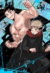  2boys bara battle black_hair clenched_hands doodle_inset eye_contact friends highres itadori_yuuji jujutsu_kaisen large_pectorals looking_at_another male_focus multiple_boys muscular muscular_male nipples pectorals scar scar_across_eye short_hair sideburns smile sonikinme topless_male toudou_aoi_(jujutsu_kaisen) undercut 