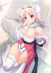  2008 amei_sumeru animal_ears bare_shoulders blonde_hair blush breasts chinese_zodiac chopsticks cleavage couch covered_nipples eating fur huge_breasts mouse_ears mouth_hold new_year no_bra original pillow red_eyes sitting solo thighhighs white_legwear year_of_the_rat zouni_soup 