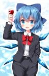  1girl :d alcohol black_jacket black_pants black_suit blue_bow blue_eyes blue_hair blue_wings bow bowtie cirno commentary_request cowboy_shot cup drinking_glass fairy formal hand_in_pocket highres holding holding_cup ice ice_wings jacket long_sleeves open_mouth pants red_bow red_bowtie ruu_(tksymkw) smile solo suit touhou v-shaped_eyebrows wine wine_glass wings 