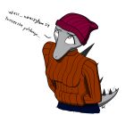 anthro beanie blush breasts chrinik clothed clothing dialogue dinosaur erin_(snoot_game) female grey_body grey_scales hand_in_pocket hat headgear headwear hi_res long_tail looking_up pockets polish_text reptile scales scalie simple_background snoot_game snout solo spiked_back spiked_tail spikes spikes_(anatomy) sweater tail text topwear
