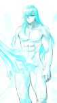 1boy absurdres ainchase_ishmael blue_eyes blue_hair completely_nude elsword erection highres long_hair looking_at_viewer muscular muscular_male nude pinkmarine richter_(elsword) sketch solo standing sword weapon what 