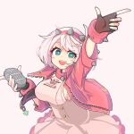  1girl aqua_eyes black_gloves bracelet breasts clover collar dress elphelt_valentine fingerless_gloves four-leaf_clover frilled_dress frills gloves guilty_gear guilty_gear_strive hairband highres holding holding_microphone jewelry large_breasts long_sleeves looking_at_viewer microphone open_mouth pink_dress pink_hairband roo. roo_san short_hair smile spiked_bracelet spiked_collar spiked_hairband spikes two-tone_dress white_dress white_hair 