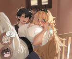  2boys 2girls absurdres barghest_(fate) black_hair blonde_hair blue_eyes blush breasts carrying chibi fate/grand_order fate_(series) father_and_daughter father_and_son fujimaru_ritsuka_(male) green_eyes heterochromia highres hip_bones horns if_they_mated large_breasts long_hair mother_and_daughter mother_and_son multiple_boys multiple_girls obazzotto open_mouth princess_carry purple_eyes red_eyes 