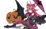  1girl belt black_footwear black_wings blue_eyes boots candy commentary_request detached_sleeves elizabeth_bathory_(fate) elizabeth_bathory_(japan)_(fate) fate/grand_order fate_(series) finger_cots food horns japanese_clothes kimono lollipop long_hair looking_at_viewer oni_horns pointy_ears pumpkin purple_kimono red_hair simple_background sitting sleeveless sleeveless_kimono smile solo uaaaou white_background wings 