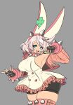  1girl ahoge animal_ears armpits black_gloves blue_eyes boots bracelet breasts clover collar dress elphelt_valentine fingerless_gloves four-leaf_clover frilled_dress frills gloves guilty_gear guilty_gear_strive hairband highres holding holding_microphone huge_ahoge jacket jewelry large_breasts long_sleeves looking_at_viewer microphone open_mouth peagade pink_dress pink_footwear pink_hairband pink_jacket short_hair sideboob smile spiked_bracelet spiked_collar spiked_hairband spikes thick_thighs thigh_boots thighs two-tone_dress white_dress white_hair 