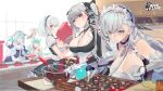  5girls akashi_(azur_lane) anchor_choker angye_fdez animal_ears apron azur_lane bare_shoulders belfast_(azur_lane) between_breasts black_dress blue_eyes blue_hair box braid breasts broken broken_chain carrying cat_ears chain chocolate choker cleavage counter dress food formidable_(azur_lane) french_braid frilled_choker frilled_dress frilled_gloves frills glass_bowl gloves green_hair grey_hair hair_between_eyes hairband hand_fan happy_valentine heart-shaped_box highres holding holding_fan kitchen lace-trimmed_hairband lace_trim large_breasts long_hair looking_at_viewer maid maid_apron maid_headdress multicolored_ribbon multiple_girls necktie necktie_between_breasts neptune_(azur_lane) official_art red_eyes ribbon second-party_source short_hair sirius_(azur_lane) sleeves_past_fingers sleeves_past_wrists twintails two-tone_dress two-tone_ribbon valentine very_long_hair whisk white_apron white_dress white_gloves white_hair 