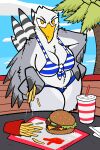 anthro avian beak big_breasts bikini bird breasts burger cleavage clothed clothing eye_contact feathers female food fries gull hi_res lari larid looking_at_another looking_at_viewer outside palm_tree plant smug solo stealing swimwear tree trout_(artist) white_body white_feathers