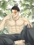  1boy abs bara barefoot black_hair flower highres jewelry jujutsu_kaisen knee_up kobikimaru looking_at_viewer male_focus muscular muscular_male necklace nipples pectorals plant scar scar_across_eye short_hair sideburns solo topless_male toudou_aoi_(jujutsu_kaisen) white_flower 