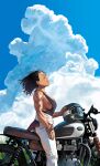  1girl absurdres arung_samudra_(cessa) black_hair black_tank_top blue_sky bracelet breasts cessa closed_eyes clothes_around_waist cloud cloudy_sky commentary dark-skinned_female dark_skin day earrings english_commentary helmet highres huge_breasts jewelry motor_vehicle motorcycle muscular muscular_female no_bra ombok_diving_and_delivery_services original pants shiny_skin short_hair sideboob sky solo straddling tank_top unworn_headwear unworn_helmet very_dark_skin white_pants wind 