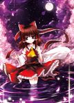  absurdres ascot belt bow brown_eyes brown_hair catbell cherry_blossoms cravat detached_sleeves dress duplicate frilled_bow frilled_shirt_collar frills full_moon glowing glowing_eyes hair_bow hair_tubes hakurei_reimu highres light_smile long_hair medium_hair moon night petals red_belt red_bow red_dress red_eyes red_ribbon ribbon ribbon-trimmed_sleeves ribbon_trim ripples skirt skirt_set sky smile solo standing star_(sky) starry_sky touhou underskirt wading water white_collar white_sleeves wide_sleeves yellow_neckwear 