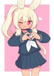  1girl ;d animal_ear_fluff animal_ears black_sailor_collar black_serafuku black_shirt black_skirt blonde_hair blush border choker collarbone commentary_request fang feet_out_of_frame heart heart-shaped_pupils heart_hands highres long_hair long_sleeves looking_at_viewer masurao_2_(sekaiju) miniskirt naga_u neckerchief one_eye_closed open_mouth outside_border pink_background pleated_skirt ponytail puffy_long_sleeves puffy_sleeves purple_eyes rabbit_ears rabbit_girl red_choker sailor_collar sailor_shirt school_uniform sekaiju_no_meikyuu sekaiju_no_meikyuu_5 serafuku shirt sidelocks skirt smile solo symbol-shaped_pupils thick_eyebrows white_border white_neckerchief 