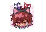  animal_ears animal_hands blue_ribbon brown_hair cat_ears dated doradorakingyo fake_animal_ears fang klug_(puyopuyo) open_mouth paw_print pocket_watch puyopuyo puyopuyo_fever red_eyes ribbon round_eyewear short_hair strange_klug tan twitter_username watch white_background 