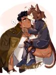  ! 1boy 1girl animal_ear_fluff animal_ears animal_nose bara belt black_hair brown_belt carrying carrying_person closed_eyes dark-skinned_male dark_skin dog_tags eyepatch female_protagonist_(live_a_hero) fingerless_gloves furry furry_female gloves heart hetero highres jacket kiss kissing_forehead live_a_hero looking_at_another military_jacket muscular muscular_male nanaisan_(713) necktie official_alternate_costume ponytail red_necktie short_hair simple_background sitting_on_arm spoken_exclamation_mark spoken_heart surprise_kiss surprised tabit_(live_a_hero) tail tank_top thick_arms white_tank_top 
