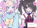  2girls :d ame-chan_(needy_girl_overdose) black_eyes black_hair black_ribbon black_skirt blonde_hair blue_bow blue_eyes blue_hair blue_shirt blush bow chouzetsusaikawa_tenshi-chan collared_shirt commentary_request dual_persona hair_bow hair_ornament hair_over_one_eye hair_tie hand_up heart heart_hair_ornament long_hair long_sleeves looking_at_viewer milk_(milk319319) multicolored_hair multiple_girls neck_ribbon needy_girl_overdose open_mouth pink_bow pink_hair purple_bow quad_tails red_shirt request_inset ribbon sailor_collar shirt shirt_tucked_in skirt smile suspender_skirt suspenders translation_request twintails v_over_eye very_long_hair yellow_bow 