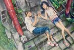  1boy 1girl absurdres amano_hina_(tenki_no_ko) artist_name bare_legs black_choker blue_hair blue_shorts brown_hair choker closed_eyes colored_pencil_(medium) commentary_request dated denim english_commentary highres holding_hands hood hood_down hoodie korean_commentary long_hair low_twintails lying making-of_available mixed-language_commentary morishima_hodaka_(tenki_no_ko) on_back open_mouth p.art rain scrape shirt short_hair shorts sleeveless sleeveless_hoodie smile tenki_no_ko torii traditional_media twintails white_hoodie white_shirt 