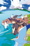  1girl animal_ears beach beak bird black_cloak blue_sky boat bow broom broom_riding brown_hair cat cloak cloud cloudy_sky commentary_request ear_covers grin hair_rings hat highres holding holding_broom horse_ears horse_girl horse_tail long_hair long_sleeves midair mountain ocean purple_eyes red_bow sand sky skyline smile solo sweep_tosho_(umamusume) tail twintails umamusume v-shaped_eyebrows wahiko_(black_bastard) water watercraft wide_sleeves witch_hat 