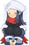  1girl akari_(pokemon) black_bodysuit black_eyes black_hair blue_jacket blush bodysuit breasts cleavage head_scarf jacket jellcaps large_breasts long_hair looking_at_viewer open_mouth own_hands_together pokemon pokemon_legends:_arceus red_scarf scarf sidelocks solo white_headwear 