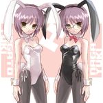  animal_ears black_leotard bunny_ears bunny_tail bunnysuit character_name cowboy_shot detached_collar expressionless fake_animal_ears glasses katahira_masashi leotard looking_at_viewer multiple_views nagato_yuki pantyhose round_eyewear side-tie_leotard suzumiya_haruhi_no_yuuutsu tail white_leotard wrist_cuffs yellow_eyes 